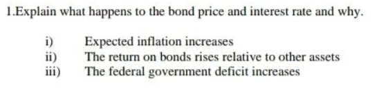 1.Explain what happens to the bond price and interest rate and why.
Expected inflation increases
The return on bonds rises relative to other assets
The federal government deficit increases
i)
ii)