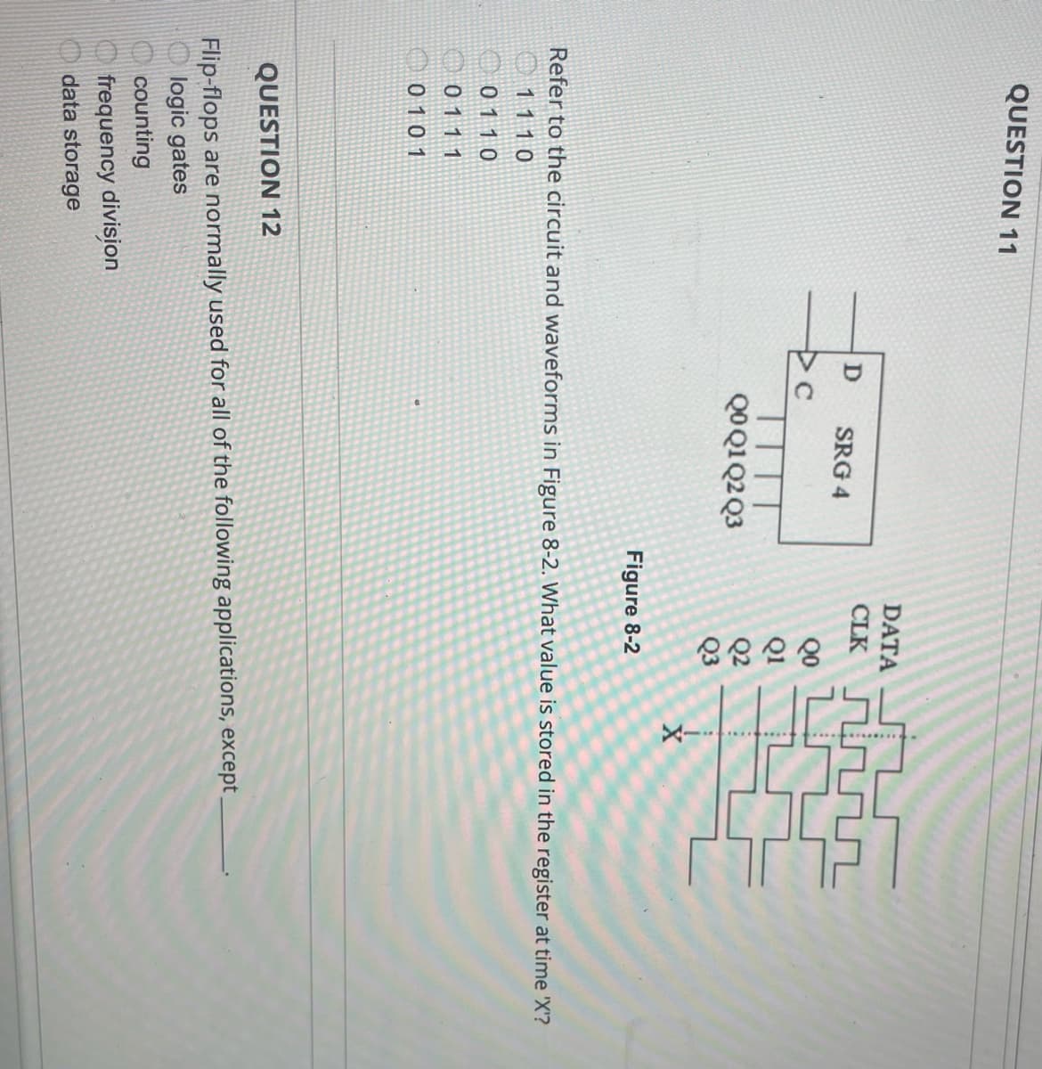 QUESTION 11
DATA
CLK
D
SRG 4
C
QOQ1 Q2 Q3
8783
Figure 8-2
-X
Refer to the circuit and waveforms in Figure 8-2. What value is stored in the register at time 'X'?
1110
0110
0111
0101
QUESTION 12
Flip-flops are normally used for all of the following applications, except
logic gates
counting
frequency division
data storage