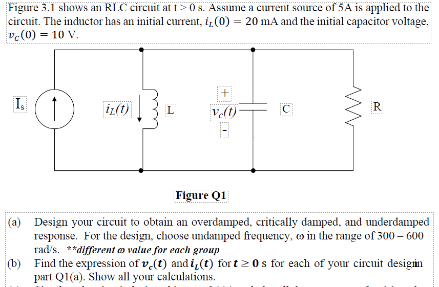 Figure 3.1 shows an RLC circuit at t>0 s. Assume a current source of 5A is applied to the
circuit. The inductor has an initial current, i₁ (0) = 20 mA and the initial capacitor voltage,
vc (0) = 10 V.
Is
iz(t)
R
L
C
Figure Q1
-
(a) Design your circuit to obtain an overdamped, critically damped, and underdamped
response. For the design, choose undamped frequency, o in the range of 300 – 600
rad/s. **different a value for each group
(b)
Find the expression of v(t) and i(t) fort≥0s for each of your circuit designin
part Q1(a). Show all your calculations.
+
ve(t)
