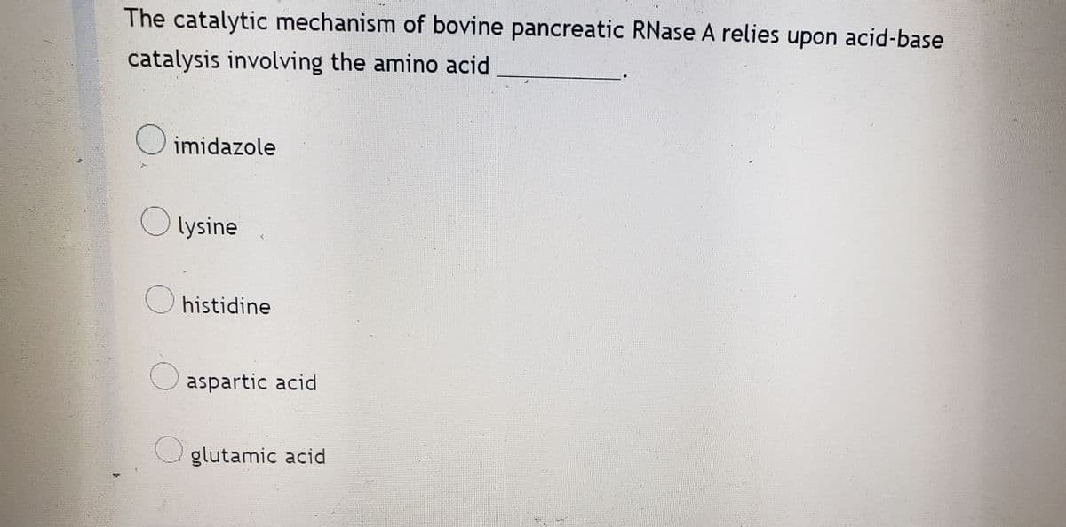 The catalytic mechanism of bovine pancreatic RNase A relies upon acid-base
catalysis involving the amino acid
O imidazole
lysine
K
histidine
Oaspartic acid
glutamic acid