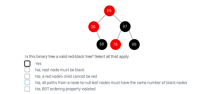 30
58
59
76
97
98
Is this binary tree a valid red-black tree? Select all that apply.
Yes
No, root node must be black
No, a red node's child cannot be red
No, all paths from a node to null leaf nodes must have the same number of black nodes
No, BST ordering property violated