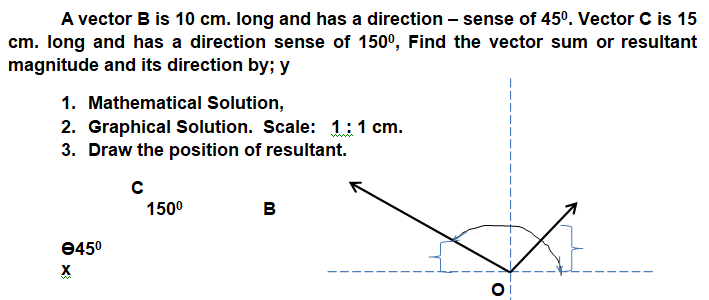 A vector B is 10 cm. long and has a direction – sense of 45°. Vector C is 15
cm. Iong and has a direction sense of 150°, Find the vector sum or resultant
magnitude and its direction by; y
1. Mathematical Solution,
2. Graphical Solution. Scale: 1:1 cm.
3. Draw the position of resultant.
1500
в
0450
