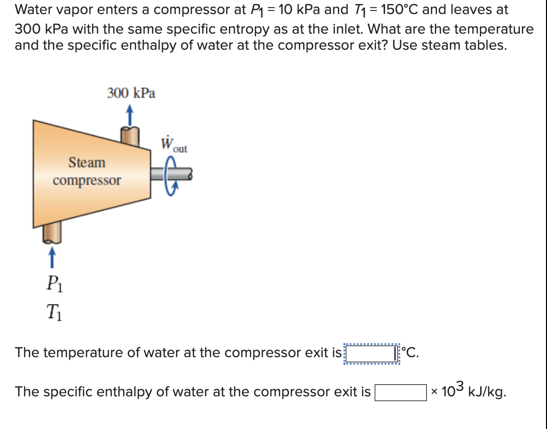 Water vapor enters a compressor at P₁ = 10 kPa and T₁ = 150°C and leaves at
300 kPa with the same specific entropy as at the inlet. What are the temperature
and the specific enthalpy of water at the compressor exit? Use steam tables.
300 kPa
Steam
compressor
↑
P₁
T₁
out
The temperature of water at the compressor exit is
The specific enthalpy of water at the compressor exit is
< 103 kJ/kg.
X