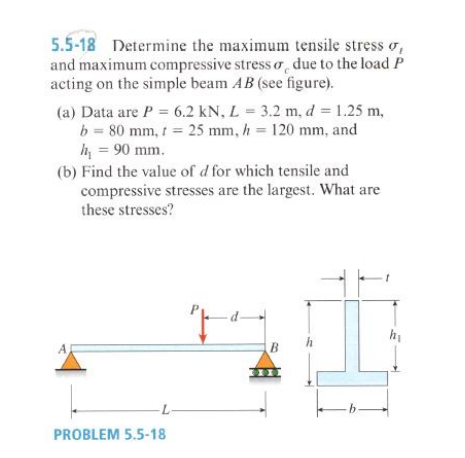 5.5-18 Determine the maximum tensile stress o,
and maximum compressive stress o due to the load P
acting on the simple beam AB (see figure).
(a) Data are P = 6.2 kN, L = 3.2 m, d = 1.25 m,
b = 80 mm, 1 = 25 mm, h = 120 mm, and
h = 90 mm.
(b) Find the value of d for which tensile and
compressive stresses are the largest. What are
these stresses?
A,
L-
PROBLEM 5.5-18
