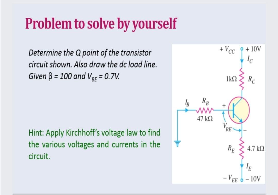 Problem to solve by yourself
+ Vcc
+ 10V
Determine the Q point of the transistor
circuit shown. Also draw the dc load line.
Ic
Given B = 100 and VBg = 0.7V.
IkQ
Rc
Rg
+
47 k2
VBE
Hint: Apply Kirchhoff's voltage law to find
the various voltages and currents in the
RE
4.7 k2
circuit.
-VEE
- 10V
