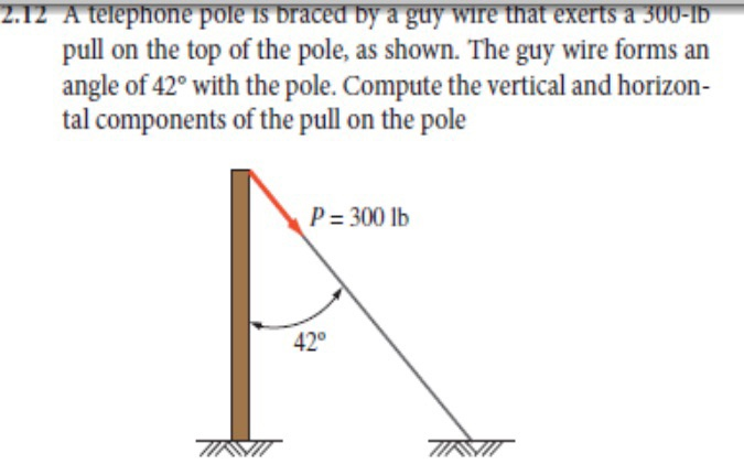 2.12 A telephone pole is braced by a guy wire that exerts a 300-ID
pull on the top of the pole, as shown. The guy wire forms an
angle of 42° with the pole. Compute the vertical and horizon-
tal components of the pull on the pole
P = 300 lb
42°
TIKVIT