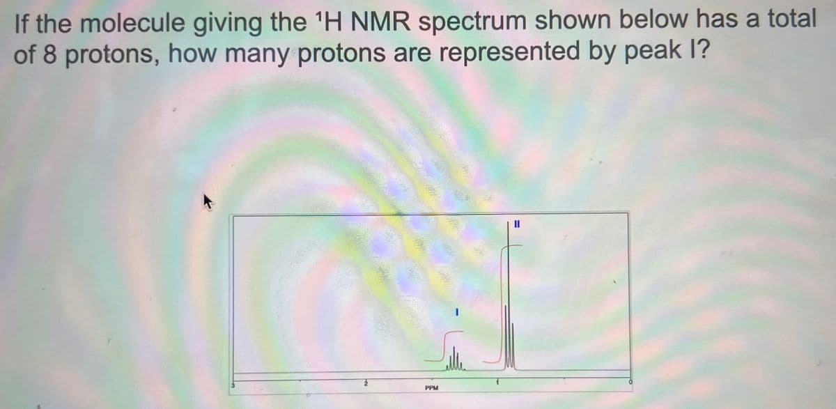 If the molecule giving the ¹H NMR spectrum shown below has a total
of 8 protons, how many protons are represented by peak l?
2
PPM
=