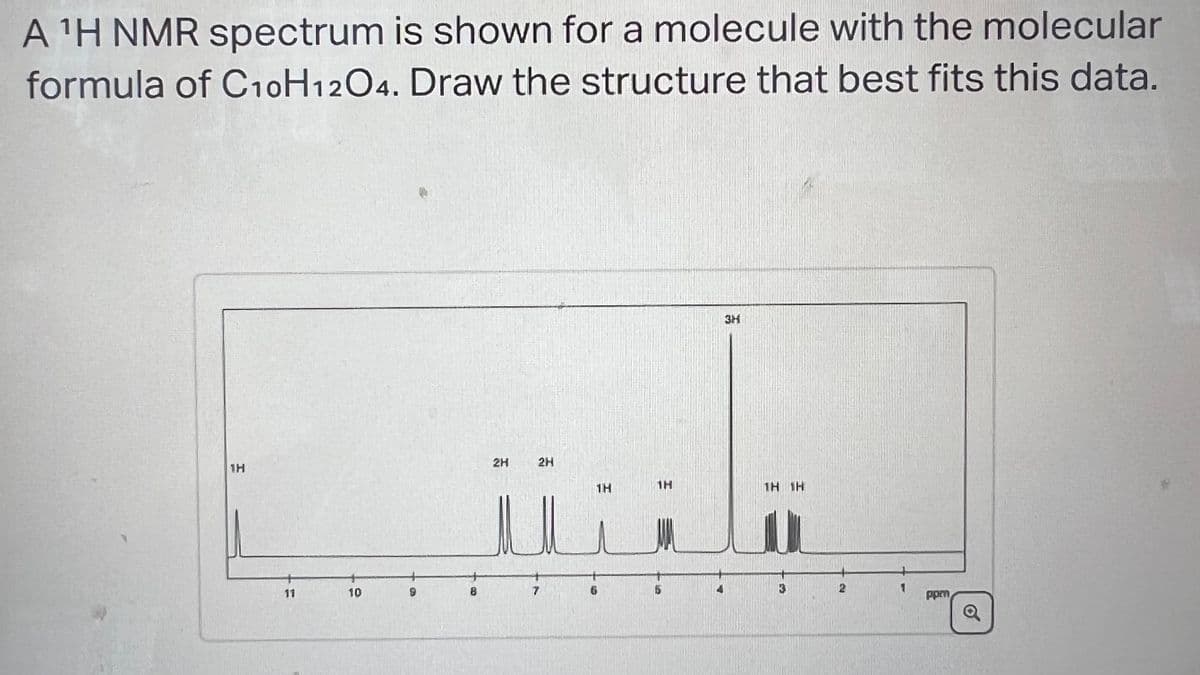 A ¹H NMR spectrum is shown for a molecule with the molecular
formula of C10H12O4. Draw the structure that best fits this data.
1H
11
10
2H
2H
U
7
1H
1H
ΤΗ 1Η
ppm
Q