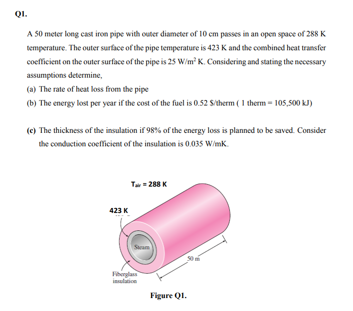 Q1.
A 50 meter long cast iron pipe with outer diameter of 10 cm passes in an open space of 288 K
temperature. The outer surface of the pipe temperature is 423 K and the combined heat transfer
coefficient on the outer surface of the pipe is 25 W/m? K. Considering and stating the necessary
assumptions determine,
(a) The rate of heat loss from the pipe
(b) The energy lost per year if the cost of the fuel is 0.52 $/therm ( 1 therm = 105,500 kJ)
(c) The thickness of the insulation if 98% of the energy loss is planned to be saved. Consider
the conduction coefficient of the insulation is 0.035 W/mK.
Tair = 288 K
423 K
Steam
50 m
Fiberglass
insulation
Figure Q1.
