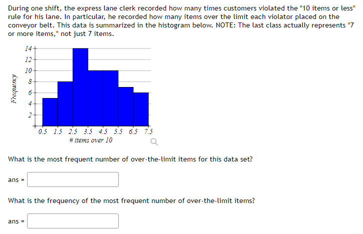 During one shift, the express lane clerk recorded how many times customers violated the "10 items or less"
rule for his lane. In particular, he recorded how many items over the limit each violator placed on the
conveyor belt. This data is summarized in the histogram below. NOTE: The last class actually represents "7
or more items," not just 7 items.
14+
12
10-
8-
6-
4
0.5 1.5 2.5 3.5 4.5 5.5 6.5 7.5
# items over 10
What is the most frequent number of over-the-limit items for this data set?
ans =
What is the frequency of the most frequent number of over-the-limit items?
ans =
Frequency
2.

