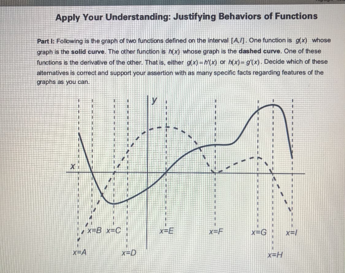 Apply Your Understanding: Justifying Behaviors of Functions
Part I: Following is the graph of two functions defined on the interval [A,I). One function is g(x) whose
graph is the solid curve. The other function is h(x) whose graph is the dashed curve. One of these
functions is the derivative of the other. That is, either g(x) =h'(x) or h(x)= g'(x). Decide which of these
alternatives is correct and support your assertion with as many specific facts regarding features of the
graphs as you can.
x=B x-C
x=E
x-G
X=F
x-DA
x=D
x=H

