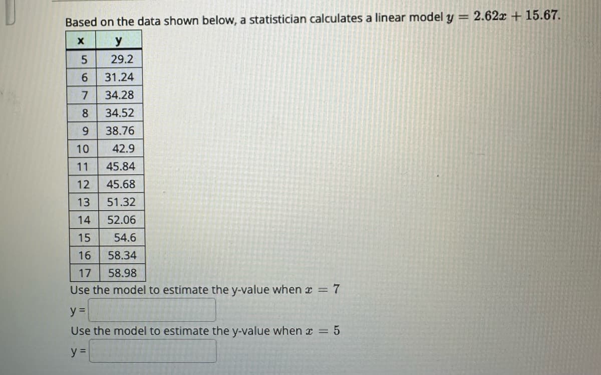 = 2.62x+15.67.
Based on the data shown below, a statistician calculates a linear model y
X
y
5
29.2
6
31.24
7
34.28
8
34.52
9
38.76
10
42.9
11 45.84
12
45.68
13 51.32
14
52.06
15
54.6
16
58.34
17
58.98
Use the model to estimate the y-value when x = 7
y =
Use the model to estimate the y-value when = 5
y =