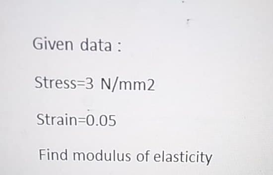 Given data :
Stress=3 N/mm2
Strain=0.05
Find modulus of elasticity
