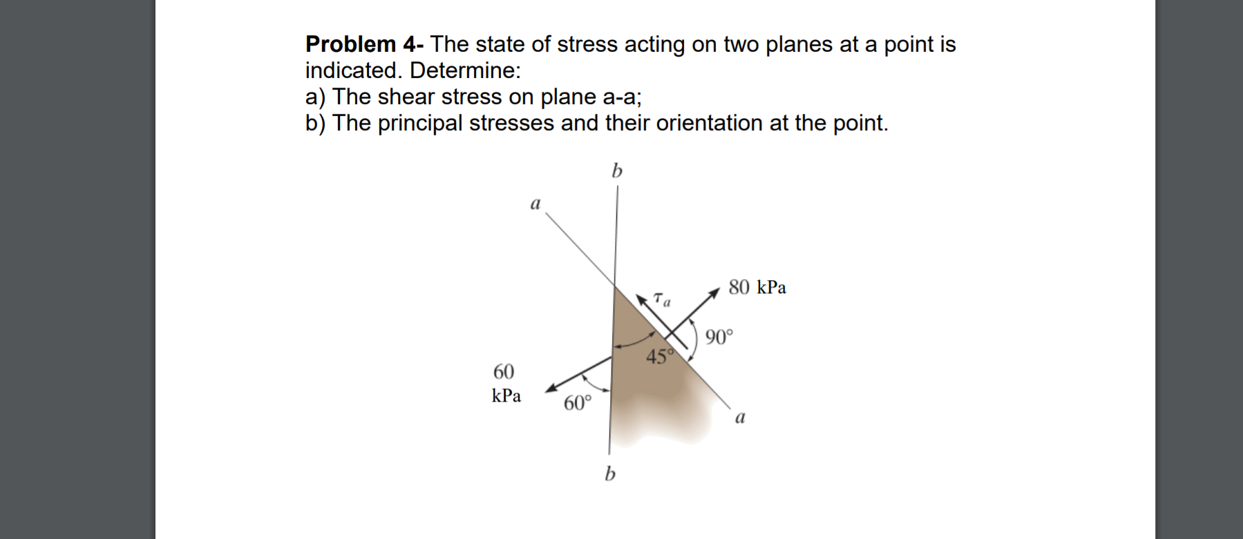 Problem 4- The state of stress acting on two planes at a point is
indicated. Determine:
a) The shear stress on plane a-a;
b) The principal stresses and their orientation at the point.
80 kPa
90°
60
450
kPa
60°
