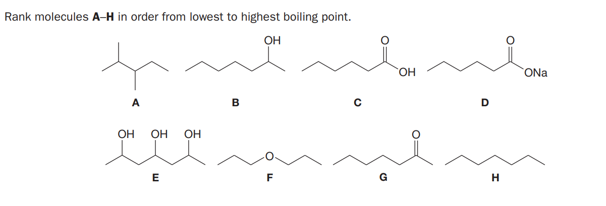 Rank molecules A-H in order from lowest to highest boiling point.
ОН
ОН
ONa
A
B
D
OH
ОН
ОН
E
F
G
H
