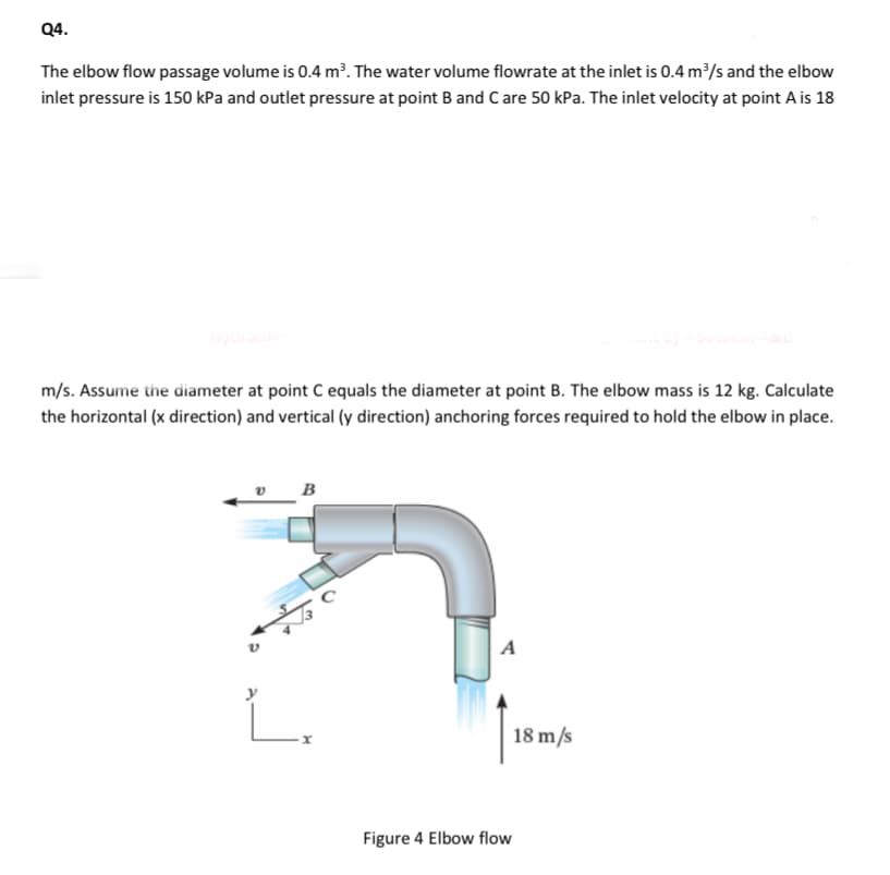 Q4.
The elbow flow passage volume is 0.4 m³. The water volume flowrate at the inlet is 0.4 m/s and the elbow
inlet pressure is 150 kPa and outlet pressure at point B and C are 50 kPa. The inlet velocity at point A is 18
m/s. Assume the diameter at point C equals the diameter at point B. The elbow mass is 12 kg. Calculate
the horizontal (x direction) and vertical (y direction) anchoring forces required to hold the elbow in place.
B
A
L.
18 m/s
Figure 4 Elbow flow
