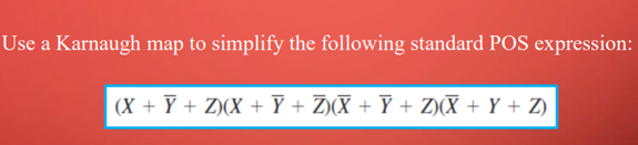 Use a Karnaugh map to simplify the following standard POS expression:
(X + Y + Z)(X + Y+ZX+Y+Z(X+Y+Z)