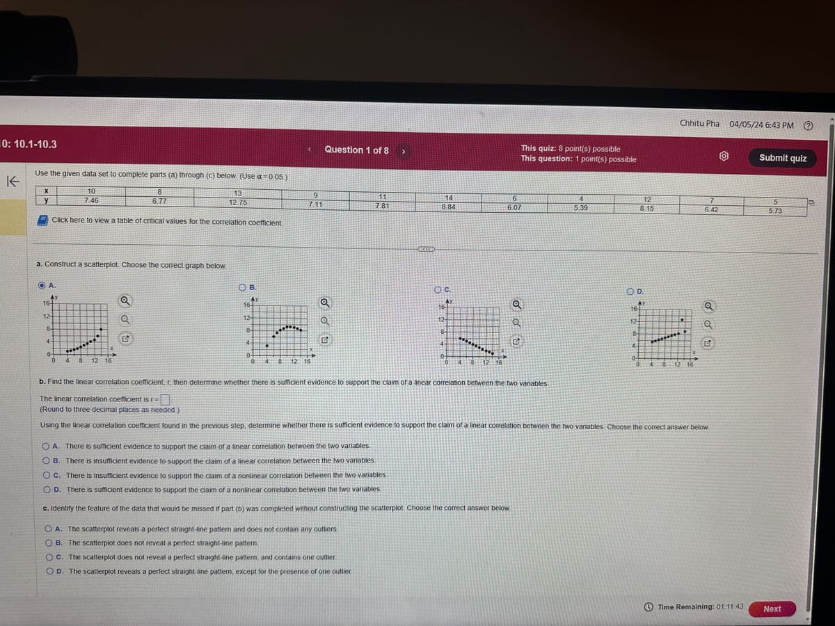 10: 10.1-10.3
K
Use the given data set to complete parts (a) through (c) below. (Use a=0.05.)
X
y
10
7.46
8
6.77
13
12.75
Click here to view a table of critical values for the correlation coefficient.
a. Construct a scatterplot. Choose the correct graph below.
A.
AY
Q
16-
12-
8-
0
0
4
8
-co
12 16
X
E
Question 1 of 8
>
This quiz: 8 point(s) possible
This question: 1 point(s) possible
Chhitu Pha
04/05/24 6:43 PM
Submit quiz
9
11
7.11
7.81
14
8.84
6
6.07
4
5.39
12
8.15
7
6.42
5
5.73
OB.
OC.
O D.
16-
+
16-
12-
Q
12-
Q
16-
12-
8-
8-
8
G
4
G
4
X
X
0-
8 12
16
10
4
8
12 16
0
4 8 12 16
b. Find the linear correlation coefficient, r, then determine whether there is sufficient evidence to support the claim of a linear correlation between the two variables.
The linear correlation coefficient is r=
X
+
Q
01
N
(Round to three decimal places as needed.)
Using the linear correlation coefficient found in the previous step, determine whether there is sufficient evidence to support the claim of a linear correlation between the two variables. Choose the correct answer below.
OA. There is sufficient evidence to support the claim of a linear correlation between the two variables.
◇ B. There is insufficient evidence to support the claim of a linear correlation between the two variables.
O c. There is insufficient evidence to support the claim of a nonlinear correlation between the two variables.
OD. There is sufficient evidence to support the claim of a nonlinear correlation between the two variables.
c. Identify the feature of the data that would be missed if part (b) was completed without constructing the scatterplot. Choose the correct answer below.
OA. The scatterplot reveals a perfect straight-line pattern and does not contain any outliers.
OB. The scatterplot does not reveal a perfect straight-line pattern.
OC. The scatterplot does not reveal a perfect straight-line pattern, and contains one outlier.
OD. The scatterplot reveals a perfect straight-line pattern, except for the presence of one outlier.
Time Remaining: 01:11:43
Next