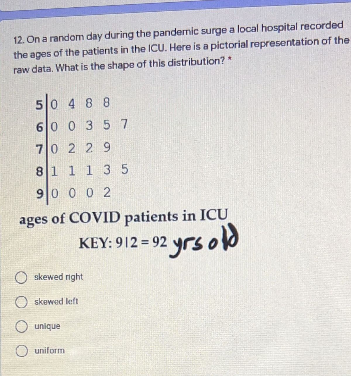 12. On a random day during the pandemic surge a local hospital recorded
the ages of the patients in the IICU. Here is a pictorial representation of the
raw data. What is the shape of this distribution? *
50 488
60 0 3 5 7
70 229
81 11 3 5
90 0 0 2
ages of COVID patients in ICU
yrsold
KEY: 912 = 92
O skewed right
skewed left
O unique
uniform
