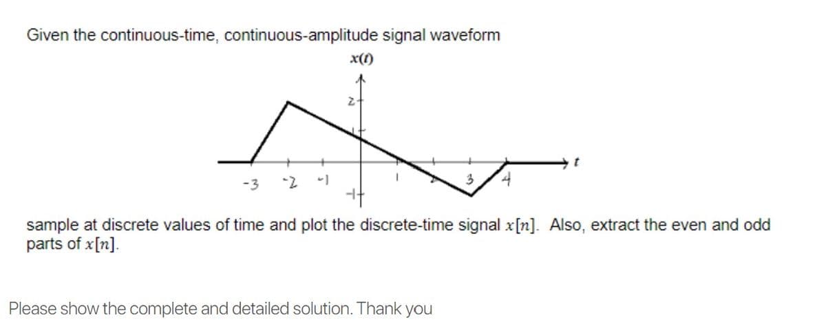Given the continuous-time, continuous-amplitude signal waveform
x(1)
-3
sample at discrete values of time and plot the discrete-time signal x[n]. Also, extract the even and odd
parts of x[n].
Please show the complete and detailed solution. Thank you
