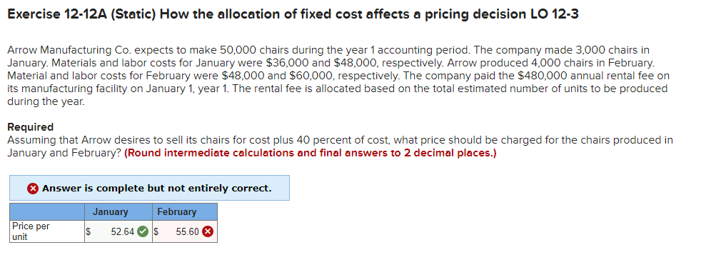 Exercise 12-12A (Static) How the allocation of fixed cost affects a pricing decision LO 12-3
Arrow Manufacturing Co. expects to make 50,000 chairs during the year 1 accounting period. The company made 3,000 chairs in
January. Materials and labor costs for January were $36,000 and $48,000, respectively. Arrow produced 4,000 chairs in February.
Material and labor costs for February were $48,000 and $60,000, respectively. The company paid the $480,000 annual rental fee on
its manufacturing facility on January 1, year 1. The rental fee is allocated based on the total estimated number of units to be produced
during the year.
Required
Assuming that Arrow desires to sell its chairs for cost plus 40 percent of cost, what price should be charged for the chairs produced in
January and February? (Round intermediate calculations and final answers to 2 decimal places.)
> Answer is complete but not entirely correct.
January
February
52.64 $ 55.60 x
Price per
unit
$