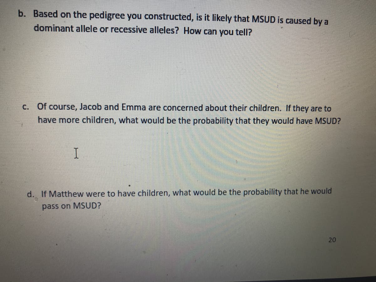 b. Based on the pedigree you constructed, is it likely that MSUD is caused by a
dominant allele or recessive alleles? How can you tell?
C. Of course, Jacob and Emma are concerned about their children. If they are to
have more children, what would be the probability that they would have MSUD?
d. If Matthew were to have children, what would be the probability that he would
pass on MSUD?
20
