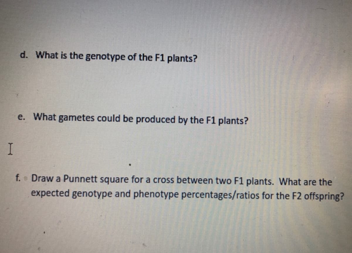 d. What is the genotype of the F1 plants?
e. What gametes could be produced by the F1 plants?
f. Draw a Punnett square for a cross between two F1 plants. What are the
expected genotype and phenotype percentages/ratios for the F2 offspring?
