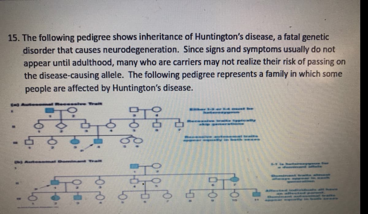 15. The following pedigree shows inheritance of Huntington's disease, a fatal genetic
disorder that causes neurodegeneration. Since signs and symptoms usually do not
appear until adulthood, many who are carriers may not realize their risk of passing on
the disease-causing allele. The following pedigree represents a family in which some
people are affected by Huntington's disease.
Reeessive Trit
er btmnt be
Mec
yplicalty
Hinhetee
