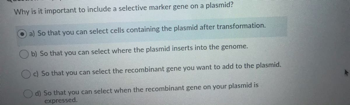 Why is it important to include a selective marker gene on a plasmid?
a) So that you can select cells containing the plasmid after transformation.
b) So that you can select where the plasmid inserts into the genome.
Oc) So that you can select the recombinant gene you want to add to the plasmid.
d) So that you can select when the recombinant gene on your plasmid is
expressed.
