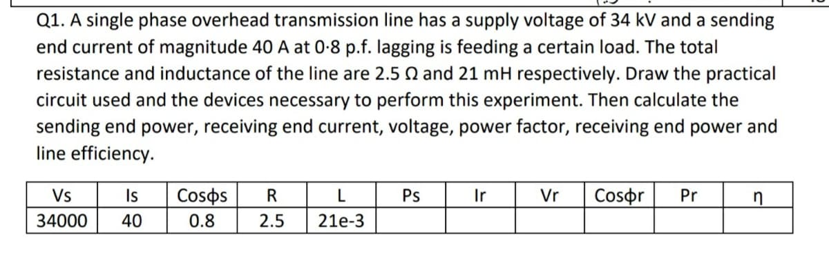 Q1. A single phase overhead transmission line has a supply voltage of 34 kV and a sending
end current of magnitude 40 A at 0-8 p.f. lagging is feeding a certain load. The total
resistance and inductance of the line are 2.5 N and 21 mH respectively. Draw the practical
circuit used and the devices necessary to perform this experiment. Then calculate the
sending end power, receiving end current, voltage, power factor, receiving end power and
line efficiency.
Vs
Is
Cosos
R
L
Ps
Ir
Vr
Cosor
Pr
34000
40
0.8
2.5
21e-3
