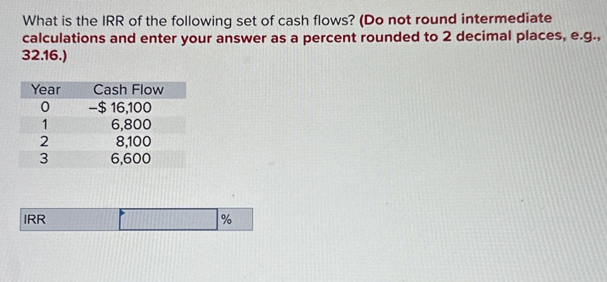 What is the IRR of the following set of cash flows? (Do not round intermediate
calculations and enter your answer as a percent rounded to 2 decimal places, e.g.,
32.16.)
Year
0123
Cash Flow
-$ 16,100
6,800
8,100
6,600
IRR
%