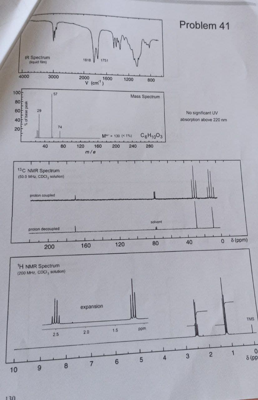 10
IR Spectrum
(liquid film)
130
4000
100
80
60
20
40
80
13C NMR Spectrum
(50.0 MHz, CDCI, solution)
proton coupled
proton decoupled
200
¹H NMR Spectrum
(200 MHz, CDCI, solution)
se peak
29
3000
57
9
1818
8
2000
120
m
1751
V (cm¹)
m/e
160
7
1600
1200
800
Mass Spectrum
M+= 130 (<1%)
C6H1003
solvent
160
120
80
40
expansion
1-1 f
2.0
2.5
1.5
ppm
1
3
5
6
4
200 240 280
Problem 41
No significant UV
absorption above 220 nm
1
12
08 (ppm)
TMS
0
8 (pp