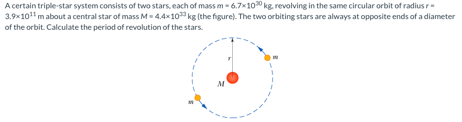 A certain triple-star system consists of two stars, each of mass m = 6.7×1030 kg, revolving in the same circular orbit of radius r =
3.9×10¹¹ m about a central star of mass M = 4.4x1033 kg (the figure). The two orbiting stars are always at opposite ends of a diameter
of the orbit. Calculate the period of revolution of the stars.
m
M
m