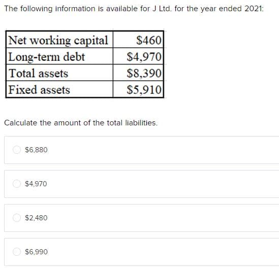 The following information is available for J Ltd. for the year ended 2021:
Net working capital
Long-term debt
Total assets
Fixed assets
Calculate the amount of the total liabilities.
$6,880
$4,970
$2,480
$460
$4,970
$8,390
$5,910
$6,990