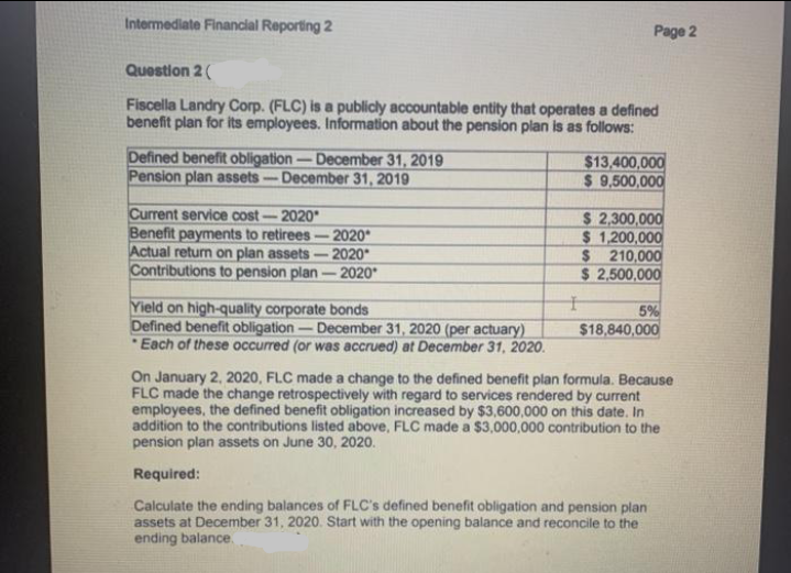 Intermediate Financial Reporting 2
Page 2
Question 2 (
Fiscella Landry Corp. (FLC) is a publicly accountable entity that operates a defined
benefit plan for its employees. Information about the pension plan is as follows:
Defined benefit obligation -December 31, 2019
Pension plan assets --December 31, 2019
$13,400,000
$ 9,500,000
Current service cost- 2020
Benefit payments to retirees
Actual return on plan assets - 2020*
Contributions to pension plan- 2020*
$ 2,300,000
$ 1,200,000
$ 210,000
$ 2.500,000
2020
-
Yield on high-quality corporate bonds
Defined benefit obligation – December 31, 2020 (per actuary)
* Each of these occurred (or was accrued) at December 31, 2020.
5%
$18,840,000
On January 2, 2020, FLC made a change to the defined benefit plan formula. Because
FLC made the change retrospectively with regard to services rendered by current
employees, the defined benefit obligation increased by $3,600,000 on this date. In
addition to the contributions listed above, FLC made a $3,000,000 contribution to the
pension plan assets on June 30, 2020.
Required:
Calculate the ending balances of FLC's defined benefit obligation and pension plan
assets at December 31, 2020. Start with the opening balance and reconcile to the
ending balance.
