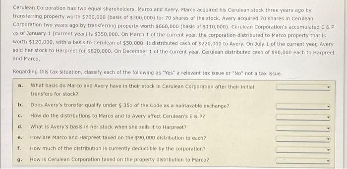 Cerulean Corporation has two equal shareholders, Marco and Avery. Marco acquired his Cerulean stock three years ago by
transferring property worth $700,000 (basis of $300,000) for 70 shares of the stock. Avery acquired 70 shares in Cerulean
Corporation two years ago by transferring property worth $660,000 (basis of $110,000). Cerulean Corporation's accumulated E & P
as of January 1 (current year) is $350,000. On March 1 of the current year, the corporation distributed to Marco property that is
worth $120,000, with a basis to Cerulean of $50,000. It distributed cash of $220,000 to Avery. On July 1 of the current year, Avery
sold her stock to Harpreet for $820,000. On December 1 of the current year, Cerulean distributed cash of $90,000 each to Harpreet
and Marco.
Regarding this tax situation, classify each of the following as "Yes" a relevant tax issue or "No" not a tax issue.
What basis do Marco and Avery have in their stock in Cerulean Corporation after their initial
transfers for stock?
b.
C.
d.
f.
9.
Does Avery's transfer qualify under 5 351 of the Code as a nontaxable exchange?
How do the distributions to Marco and to Avery affect Cerulean's E & P7
What is Avery's basis in her stock when she sells it to Harpreet?
How are Marco and Harpreet taxed on the $90,000 distribution to each?
How much of the distribution is currently deductible by the corporation?
How is Cerulean Corporation taxed on the property distribution to Marco?