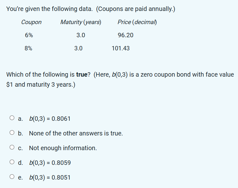 You're given the following data. (Coupons are paid annually.)
Coupon
Maturity (years)
Price (decimal)
6%
96.20
8%
3.0
3.0
101.43
Which of the following is true? (Here, b(0,3) is a zero coupon bond with face value
$1 and maturity 3 years.)
O a. b(0,3)=0.8061
O b. None of the other answers is true.
O c. Not enough information.
O d. b(0,3)= 0.8059
O e. b(0,3)=0.8051