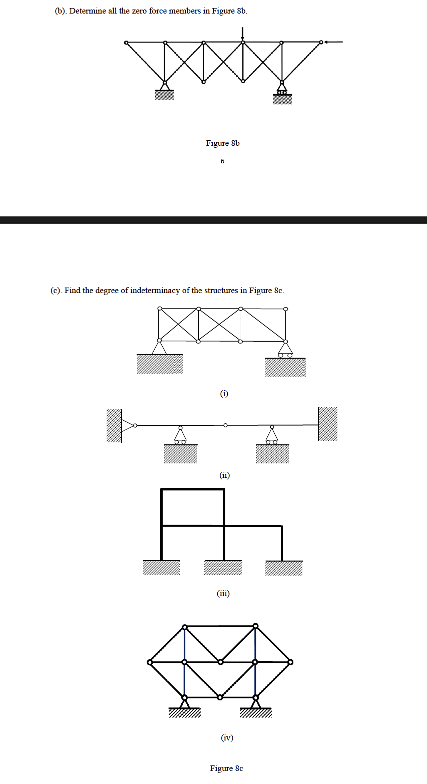 (b). Determine all the zero force members in Figure 8b.
XXX
Figure 8b
6
(c). Find the degree of indeterminacy of the structures in Figure 8c.
(1)
(11)
(111)
(iv)
Figure 8c