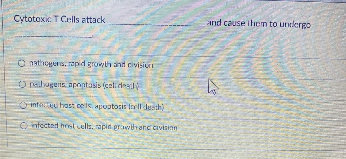 Cytotoxic T Cells attack
O pathogens, rapid growth and division
O pathogens, apoptosis (cell death)
O infected host cells, apoptosis (cell death)
O infected host cells, rapid growth and division
and cause them to undergo