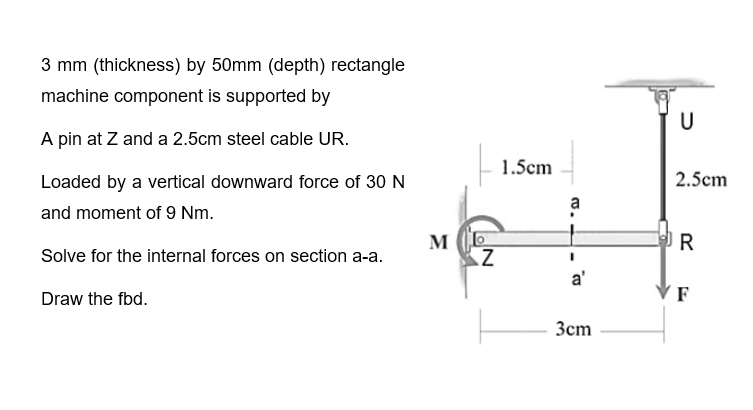 3 mm (thickness) by 50mm (depth) rectangle
machine component is supported by
A pin at Z and a 2.5cm steel cable UR.
Loaded by a vertical downward force of 30 N
and moment of 9 Nm.
Solve for the internal forces on section a-a.
Draw the fbd.
M
Z
1.5cm
a
a'
3cm
U
2.5cm
R
F