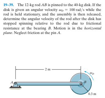 19-39. The 12-kg rod AB is pinned to the 40-kg disk. If the
disk is given an angular velocity wn = 100 rad/s while the
rod is held stationary, and the assembly is then released,
determine the angular velocity of the rod after the disk has
stopped spinning relative to the rod due to frictional
resistance at the bearing B. Motion is in the horizontal
plane. Neglect friction at the pin A.
0.3 m
