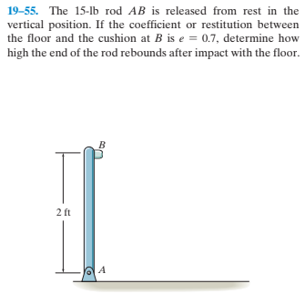 19-55. The 15-lb rod AB is released from rest in the
vertical position. If the coefficient or restitution between
the floor and the cushion at B is e = 0.7, determine how
high the end of the rod rebounds after impact with the floor.
2 ft
