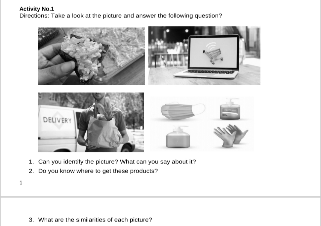 Activity No.1
Directions: Take a look at the picture and answer the following question?
DELIVERY
1. Can you identify the picture? What can you say about it?
2. Do you know where to get these products?
1
3. What are the similarities of each picture?
