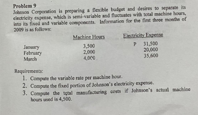 Problem 9
Johnson Corporation is preparing a flexible budget and desires to separate its
electricity expense, which is semi-variable and fluctuates with total machine hours,
into its fixed and variable components. Information for the first three months of
2009 is as follows:
Machine Hours
Electricity Expense
January
February
March
3,500
2,000
4,000
31,500
20,000
35,600
Requirements:
1. Compute the variable rate per machine hour.
2. Compute the fixed portion of Johnson's electricity expense.
3. Compute the total manufacturing costs if Johnson's actual machine
hours used is 4,500.
