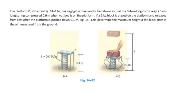 The platform P, shown in Fig. 14-12a, has negligible mass and is tied down so that the 0.4-m-long cords keep a 1-m-
long spring compressed 0.6 m when nothing is on the platform. If a 2-kg block is placed on the platform and released
from rest after the platform is pushed down 0.1 m, Fig. 14-12b, determine the maximum height h the block rises in
the air, measured from the ground.
k = 200 N/m
T
0.3 m
0.4 m
(a)
(b)
Fig. 14-12
