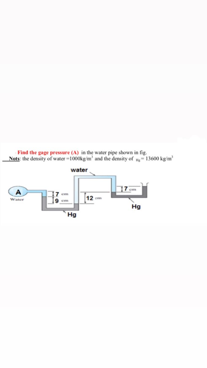 Find the gage pressure (A) in the water pipe shown in fig.
Nots: the density of water =1000kg/m³ and the density of He= 13600 kg/m³
water
[7 cm
A
em
12 cm
Water
cm
Hg
Hg
