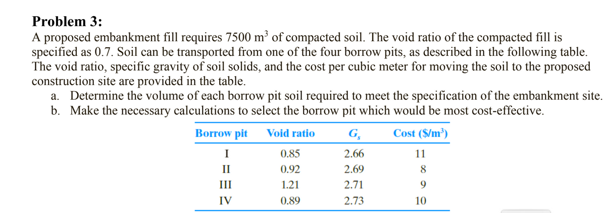 Problem 3:
A proposed embankment fill requires 7500 m³ of compacted soil. The void ratio of the compacted fill is
specified as 0.7. Soil can be transported from one of the four borrow pits, as described in the following table.
The void ratio, specific gravity of soil solids, and the cost per cubic meter for moving the soil to the proposed
construction site are provided in the table.
a. Determine the volume of each borrow pit soil required to meet the specification of the embankment site.
b. Make the necessary calculations to select the borrow pit which would be most cost-effective.
Borrow pit
Void ratio
G,
Cost ($/m³)
I
0.85
2.66
11
II
0.92
2.69
8
III
1.21
2.71
9.
IV
0.89
2.73
10
