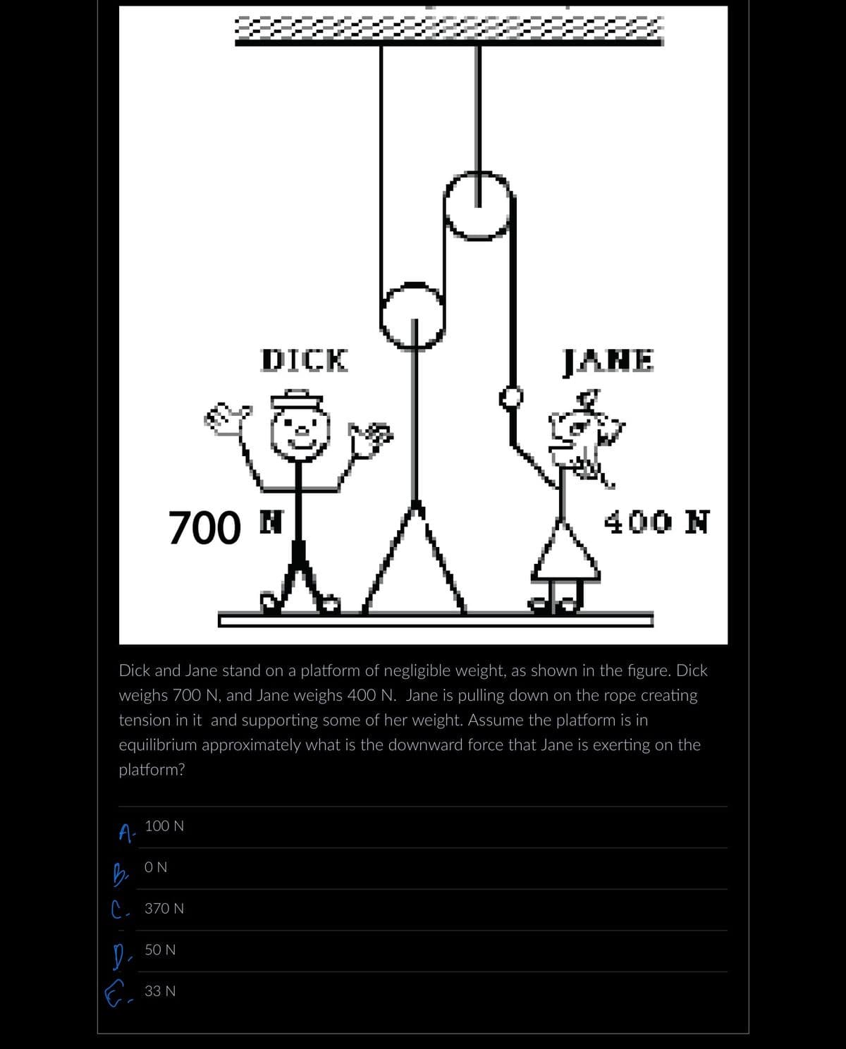 A.
700 N
100 N
Dick and Jane stand on a platform of negligible weight, as shown in the figure. Dick
weighs 700 N, and Jane weighs 400 N. Jane is pulling down on the rope creating
tension in it and supporting some of her weight. Assume the platform is in
_equilibrium approximately what is the downward force that Jane is exerting on the
platform?
ON
B.
C 370 N
D.
E.
50 N
DICK
33 N
JANE
400 N