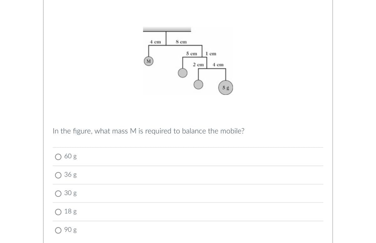 4 cm
8 cm
5 cm
1 cm
M
2 cm
4 cm
5g
In the figure, what mass M is required to balance the mobile?
60 g
○ 36 g
30 g
18 g
○ 90 g