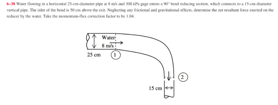 6-38 Water flowing in a horizontal 25-cm-diameter pipe at 8 m/s and 300 kPa gage enters a 90° bend reducing section, which connects to a 15-cm-diameter
vertical pipe. The inlet of the bend is 50 cm above the exit. Neglecting any frictional and gravitational effects, determine the net resultant force exerted on the
reducer by the water. Take the momentum-flux correction factor to be 1.04.
Water
8 m/s
25 cm
15 cm
